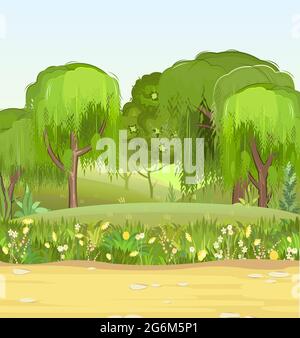 Forest road. Summer landscape. Dense foliage. Hills and green trees view. Meadow of a flower meadow. Nature illustration. Cartoon flat style. Trunks Stock Vector