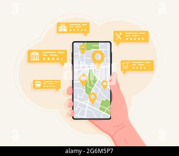 Handheld mobile phone with navigation location check and gps concept. Company address, contact us page, website menu bar, maps and location, user expe Stock Vector