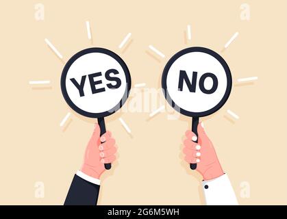 Cartoon vector illustration of Yes No banner in human hand on white background. Test question. Choice hesitate, dispute, opposition, choice, dilemma, Stock Vector