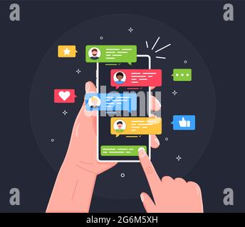Hand with phone and chatting in the messenger with friends. Chatting with friends and sending new messages. Flat mobile application with colorful spee Stock Vector