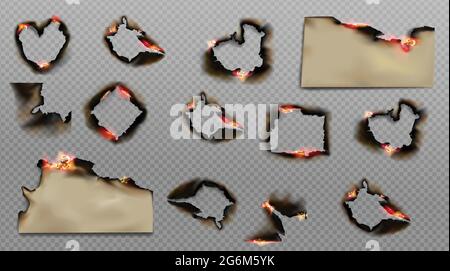 Vector burn paper fire with realistic charred edges isolated objects. Stock Vector