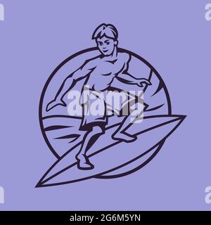 Man standing on surfboard. Surfing concept art in monochrome style. Stock Vector