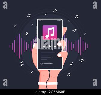 Media player app. Hand holding modern phone playing audio or radio. Smartphone music player user interface concept. Flat style vector illustration. Stock Vector