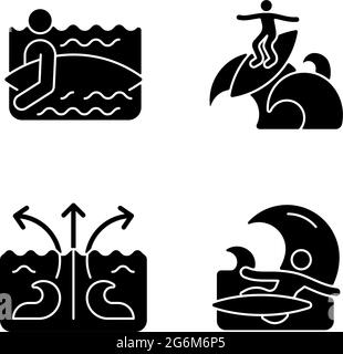 Riding wave using board black glyph icons set on white space Stock Vector
