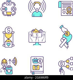 Fundraising events RGB color icons set Stock Vector