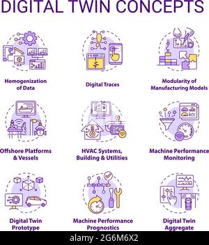 Digital twin concept icons set Stock Vector