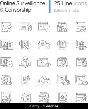 Online surveillance and censorship linear icons set Stock Vector