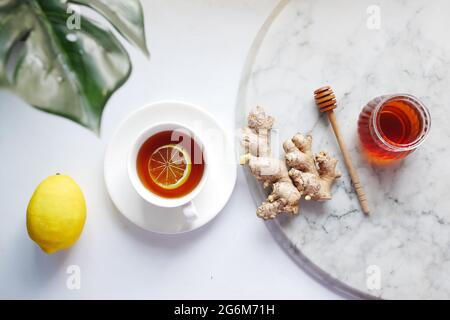top view of herbal tea and ingredient on table  Stock Photo