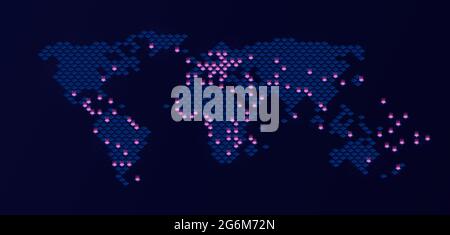 World map on dark background. With point lights. Vector modern isometric concept greeting Card illustration. Stock Vector