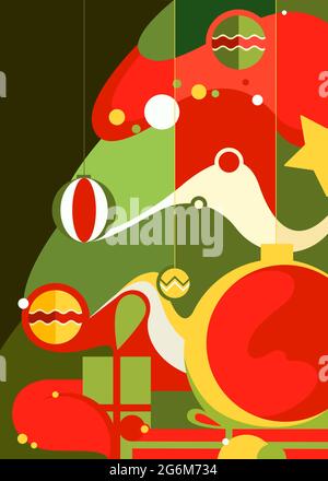Poster with decorated christmas tree. Postcard design in abstract style. Stock Vector