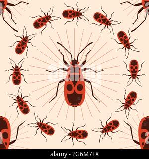 Firebug, Pyrrhocoris apterus. Seamless pattern Vector illustration Stock Vector