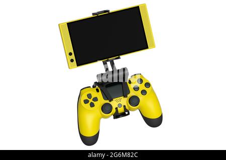 Realistic yellow joystick for playing games on a mobile phone on white background. 3D rendering of video game streaming concept Stock Photo