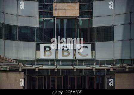 Exterior view of Broadcasting House, the BBC headquarters in Central London, United Kingdom 26 June 2021. Stock Photo