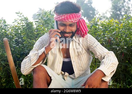 Indian Young Farmer Talking on smart phone in agriculture field Stock Photo