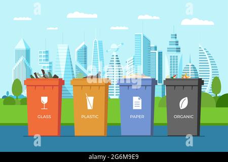 Trash sorting containers in modern city park. Paper, glass, plastic and organic garbage colourful bins for recycling on urban street. Rubbish dustbin set. Waste utilization and ecology save concept Stock Vector