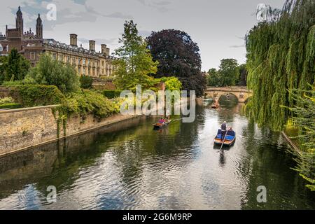 Punters on the River Cam looking towards Clare College at the Backs in Cambridge England