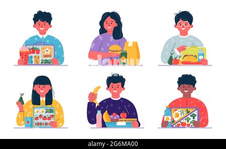 Boys and girls having breakfast or lunch meals. Kids, people eating, drinking diverse food, drinks. Children school lunch boxes with meal, hamburger, Stock Vector