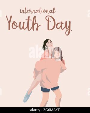 International Youth Day. Doodle vector illustration Illustration in a flat style together for a holiday celebration. Two girls hugging. The girl hugs Stock Vector