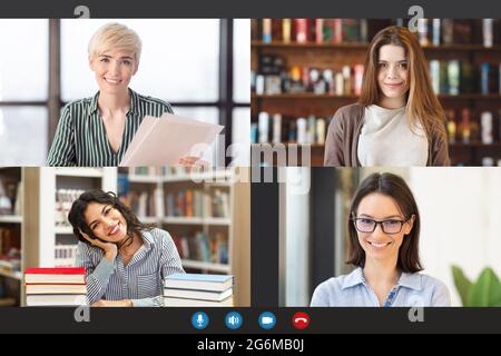 Smiling women making online videochat, screen view Stock Photo