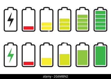 Battery charge indicators. Energy icons. Battery charge illustration. Smartphone electric power indicators. Stock Vector