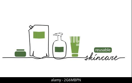 Reusable skincare, eco-friendly skin care cosmetics vector illustration. One line drawing art with bottles, doypack and lettering reusable skincare Stock Vector