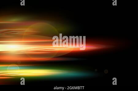 Abstract smooth red, blue, yellow motion light effect on dark background with fibres. High speed in night. Stock Vector