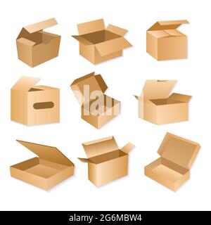 Vector illustration of carton packaging box. Realistic brown cardboard delivery packages isolated on white background. Stock Vector