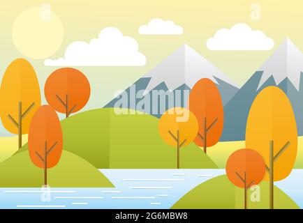 Vector illustration flat autumn nature landscape. Colorful nature, mountains, lake, sun, trees, clouds. Autumn view in trendy flat cartoon style. Stock Vector