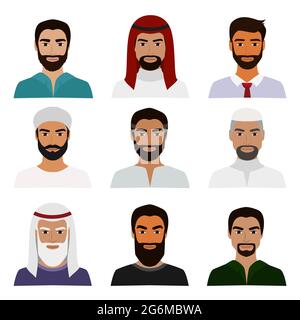 Vector illustration set of muslim avatars, vector arab man icon, saudi characters, arabic businessman in national clothes portraits in flat style. Stock Vector
