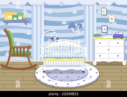 Vector illustration of a beautiful and lovely child s room for a baby boy in blue color with furniture, toys in flat style. Stock Vector
