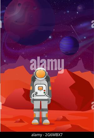 Vector illustrations of astronaut on Mars. red mountains landscape on dark space with planets background. astronomy, space exploration, colonization Stock Vector