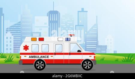 Vector illustration ambulance car in the city. Cityscape on background in light blue colors. Auto paramedic emergency in flat style. Stock Vector