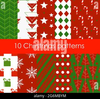 Vector illustration ten Christmas different seamless patterns. Bright colors texture for wallpaper, web page background, wrapping paper, flat style. Stock Vector