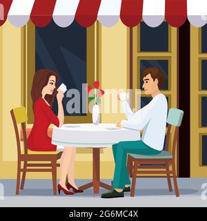 Vector illustration of lovely couple is drinking coffee in a cafe. A man and a woman are sitting at a table outside a restaurant in flat style. Stock Vector