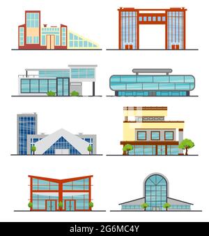 Vector illustration set of city modern buildings in flat style on white background. Stock Vector