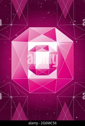 Vector illustration of trendy cosmic crystal geometric shapes. Pink color polygon diamond or crystal poster. Stock Vector