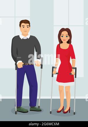 Vector illustration of people with crutches. Disabad man and woman talking on the street in flat style. Stock Vector