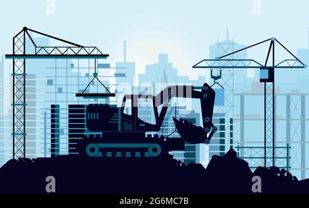 Vector illustration of ground works on construction concept. Excavator digging ground silhouette of buildings and cranes on background in flat style. Stock Vector
