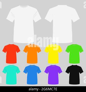 Vector illustration set of templates colored t-shirts. T-shirts in white, black and other bright colors in flat style. Stock Vector