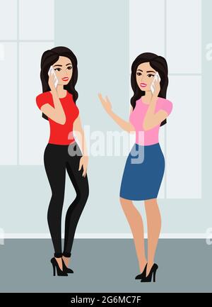 Vector illustration of two cute cartoon girls using a cell phone. Women are talking by mobile phone in flat style. Stock Vector