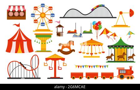 Vector illustration amusement park elements on white background. Family rest in rides park with colorful ferris wheel, carousel, circus in flat style. Stock Vector