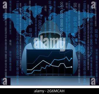 Vector illustration of hacker with laptop, hacking the Internet on world map background, computer security concept, email spam with codes in flat Stock Vector