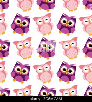 Vector illustration of colorful owl pattern on white background. Happy and joyful cartoon birds in flat style. Stock Vector