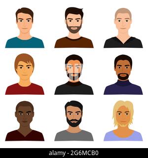 Vector illustration set of male man character faces avatars in different clothes and hair styles. Man guy avatar in cartoon flat style. Stock Vector