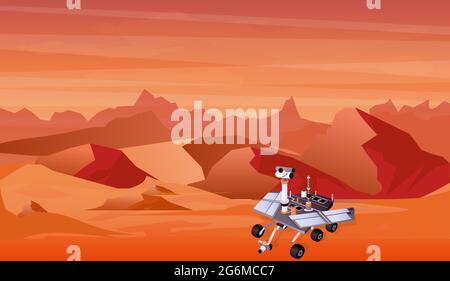 Vector illustration of Mars planet landscape and space exploration machine, space technology in flat style. Stock Vector
