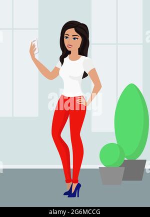 Vector illustration of cute cartoon girl taking selfie with her cell phone on the street in flat style. Stock Vector