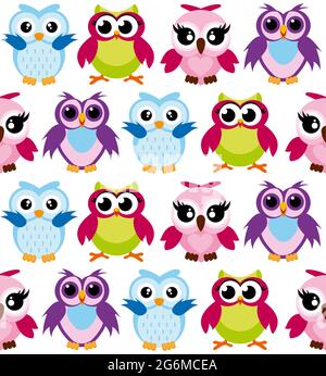 Vector illustration of colorful cartoon funny owls pattern on white background. Happy and joyful birds in flat style. Stock Vector