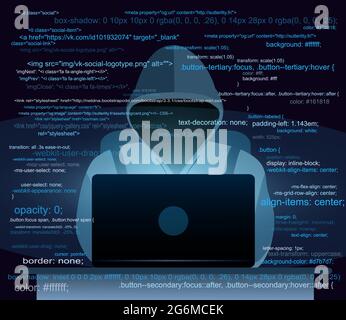 Vector illustration of hacker with laptop, hacking the Internet on dark blue background, computer security concept, email spam with codes in flat Stock Vector