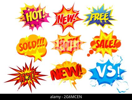 Vector illustration set of bright and colorful cartoon labels. Comic speech bubble background Pop art style. Stock Vector
