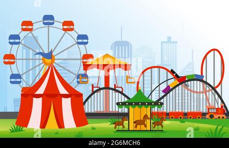Vector illustration amusement park elements on modern city background. Family rest in rides park with colorful ferris wheel, carousel, circus in flat Stock Vector